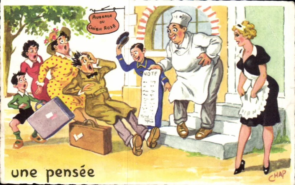 Auberge du Chien Rose — scène comique avec client effrayé et serveur — éditeur G. PICARD, n° 1014 - Frente