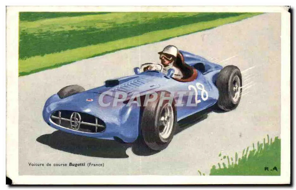 Carro de corrida Bugatti (França) — ilustração — R.A. (assinado) - Frente