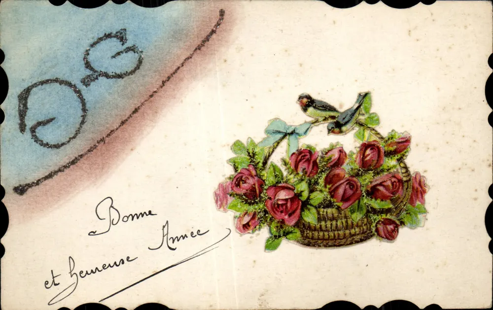 Arranjo de rosas e pássaros — Boa Ano — Fabricação Francesa - Frente