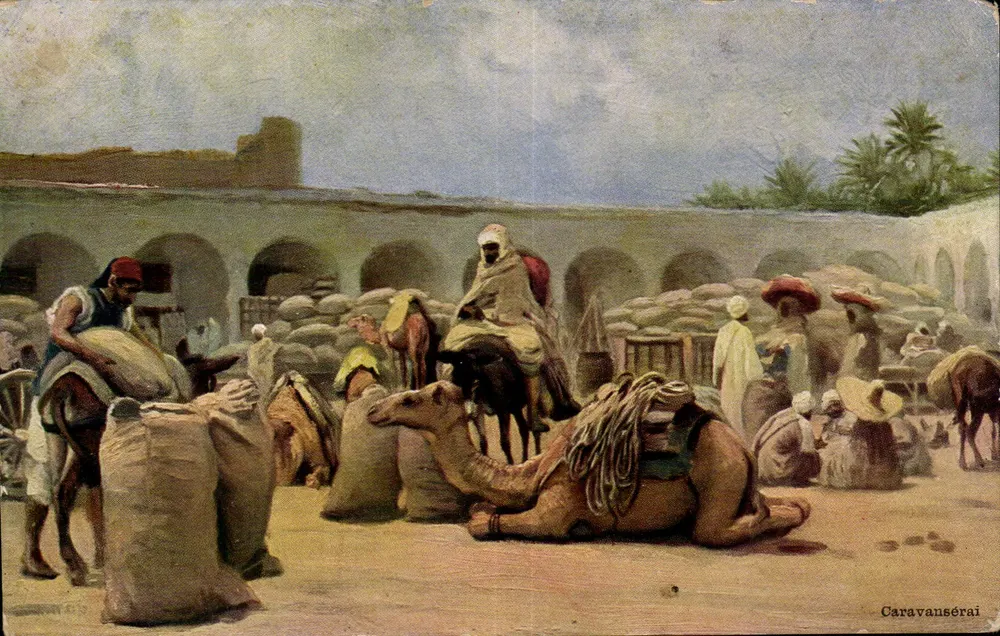 Caravanserai — Marktszene mit Dromedaren — Caravanserai - Vorderseite