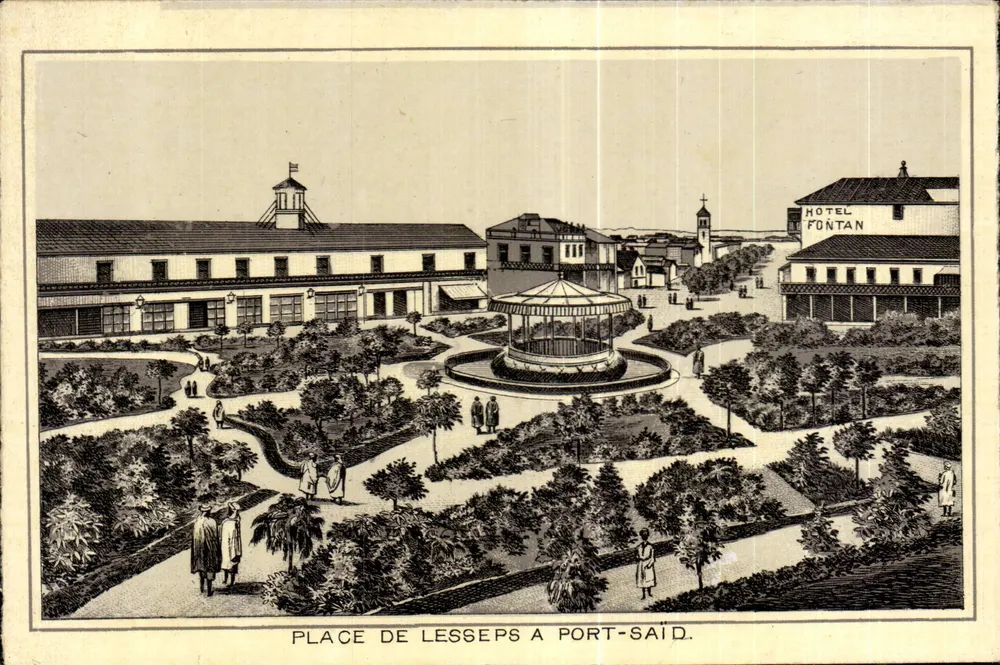 Platz de Lesseps in Port-Saïd — Panoramablick mit zentralem Kiosk und Hotel Fontan — Verleger unbekannt - Vorderseite