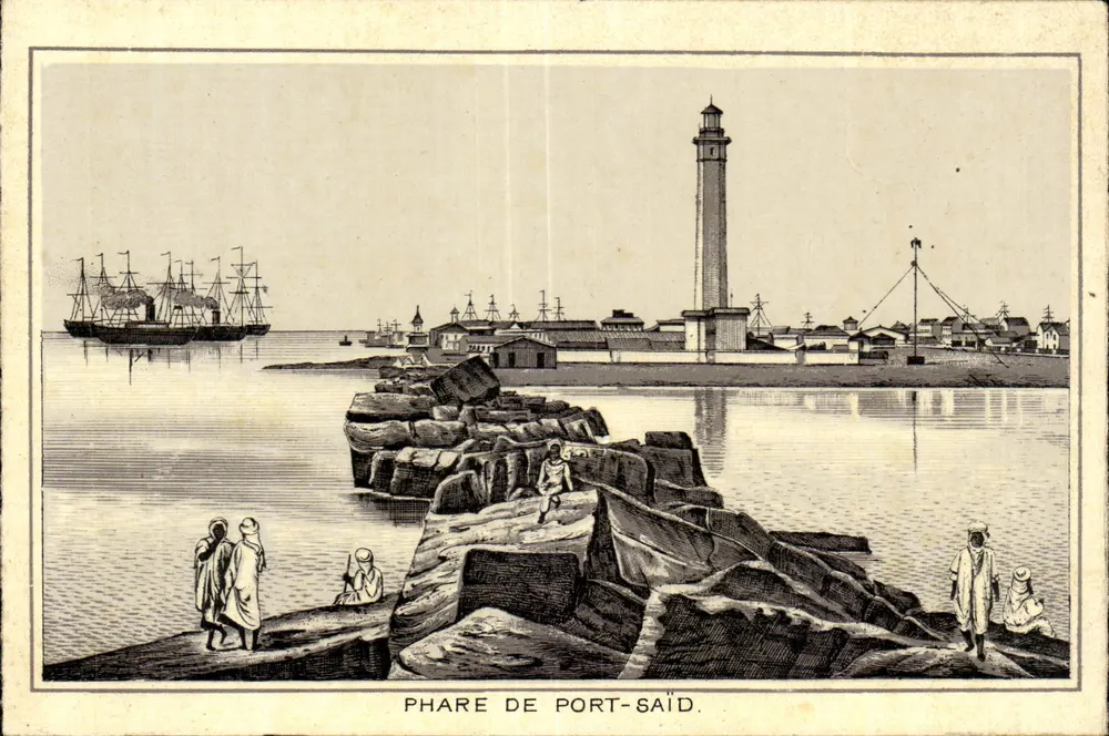 Phare de Port-Saïd — vue du phare et du port avec navires à voile — éditeur non visible - Frente