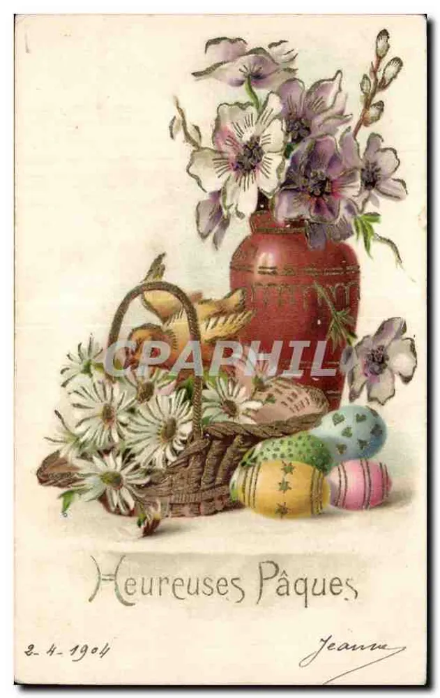 Flores e ovos de Páscoa — Felizes Páscoas — Jeanne — datada 2.4.1904 - Frente