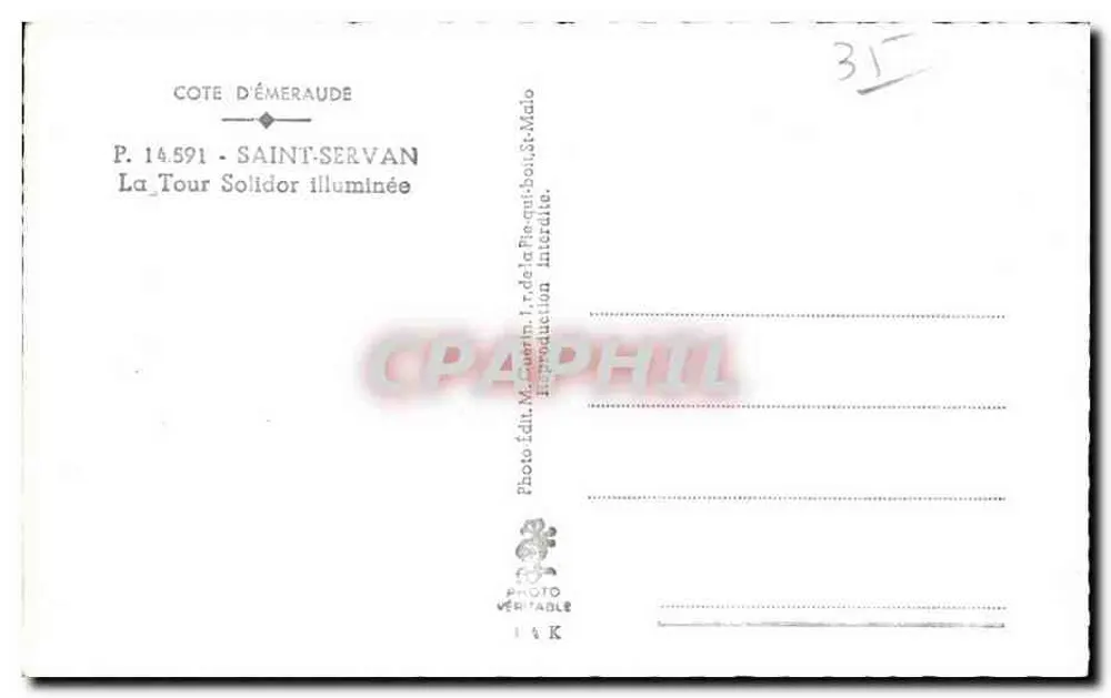 Saint-Servan — A Torre Solidor iluminada — Foto Real, editor M. Guérin, n° P.14.591 - Verso
