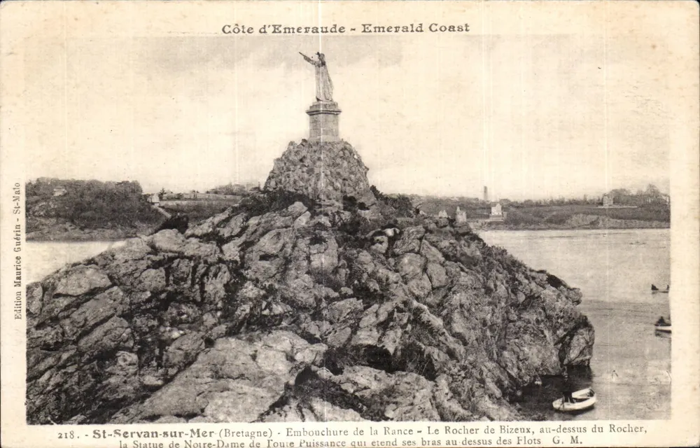 St-Servan-sur-Mer (Bretagne) — ujście rzeki Rance, figura NMP Słuchającej Mocy na Skale Bizeux — wydawnictwo Maurice Guérin, nr 218 - Awers