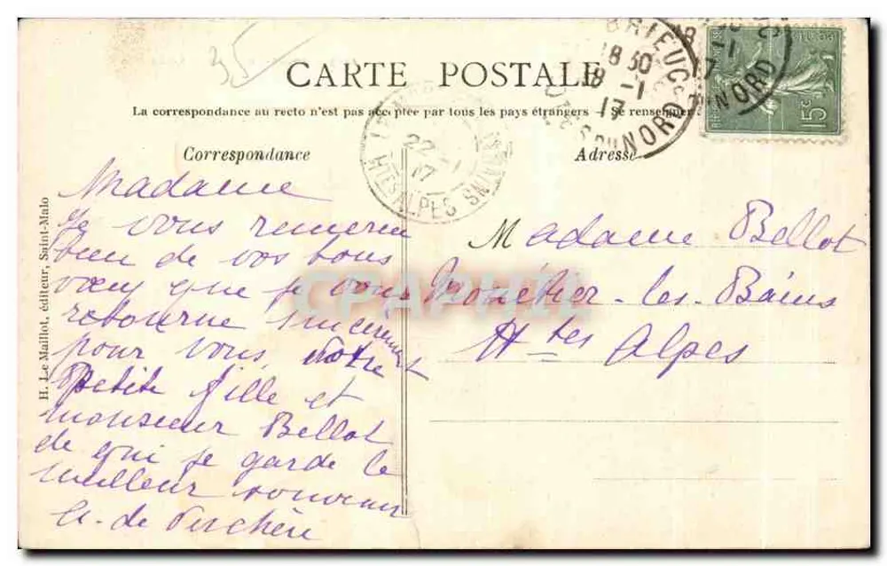 Côte d'Émeraude — Saint-Lunaire — Le Décollé — H. Le Maillot, n°1113 - Verso