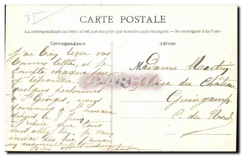 St-Lunaire - A Guarda Guérin — editor anônimo, n° de série 1413 - Verso
