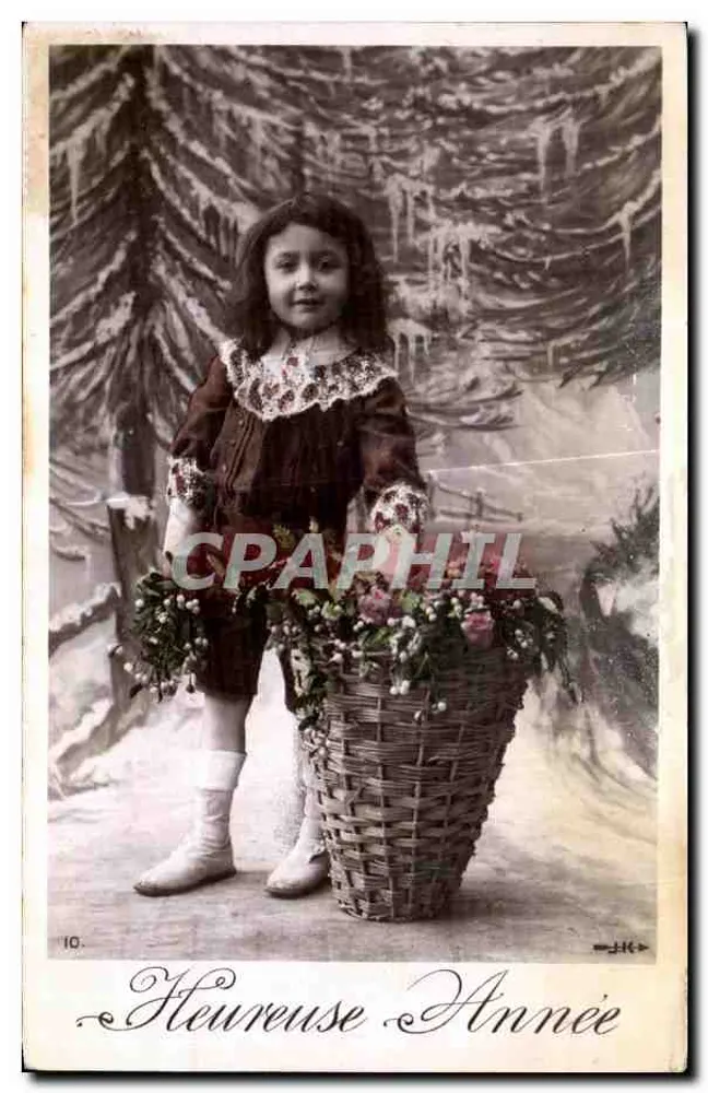 Niña con cesto de flores — decorado de bosque invernal — editor JH, n°10 - Anverso