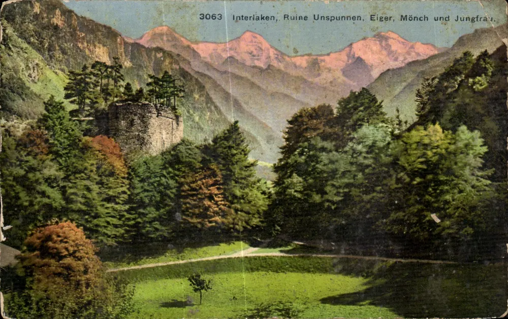 Interlaken, Ruine von Unspunnen, Eiger, Mönch und Jungfrau — Verlag Wehrli, Nr. 3063 - Vorderseite