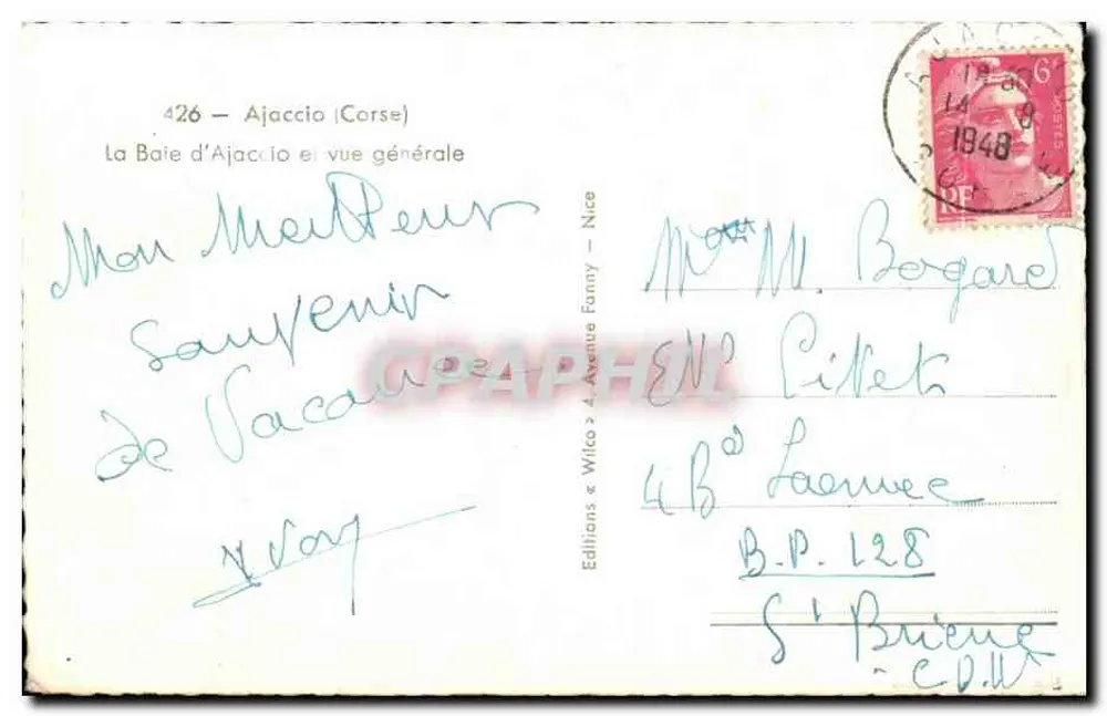 La Baie d'Ajaccio — allgemeiner Blick — Editions « Wilco » 4 Avenue Fanny, Nice — n° 426 - Rückseite