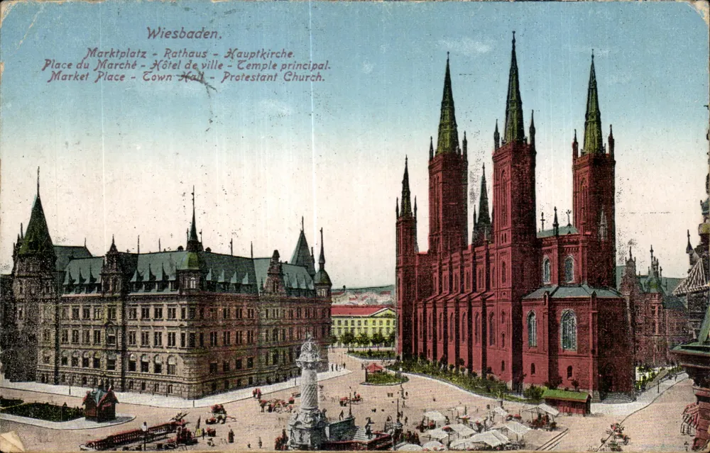 Wiesbaden — Marktplatz - Rathaus - Haupttempel — Verlag K.S.M. Nr. 502 - Vorderseite