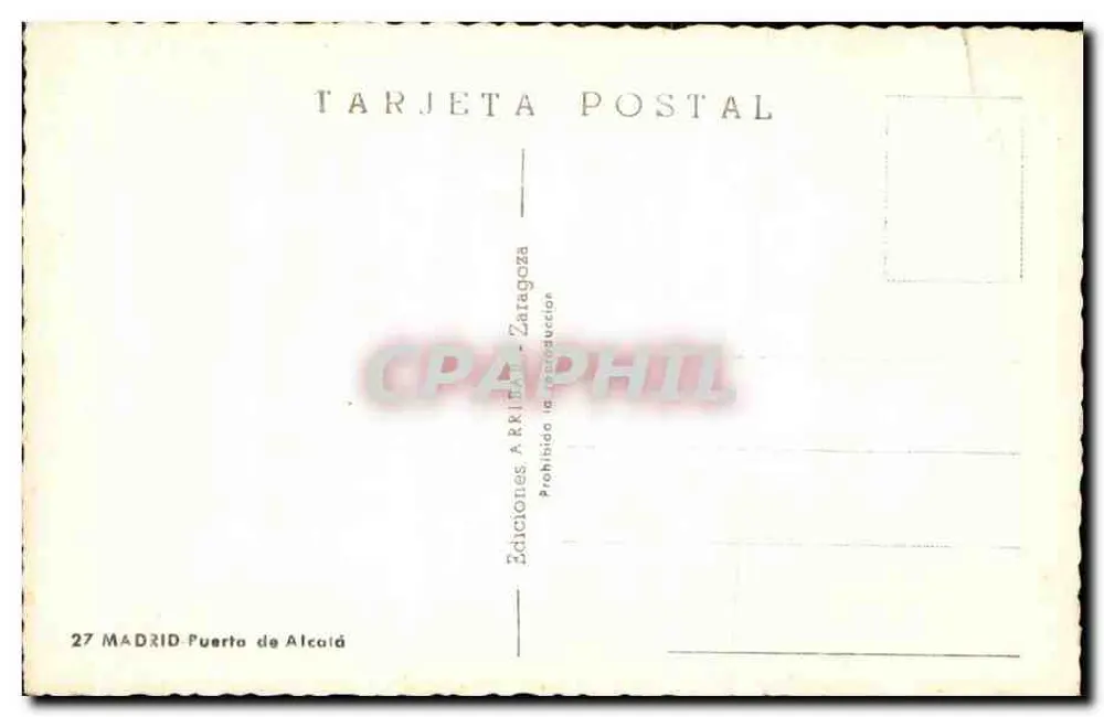 Puerta de Alcalá — monument à trois arches avec statues d'anges — Éditions A. RRIATA - Zaragoza - Verso