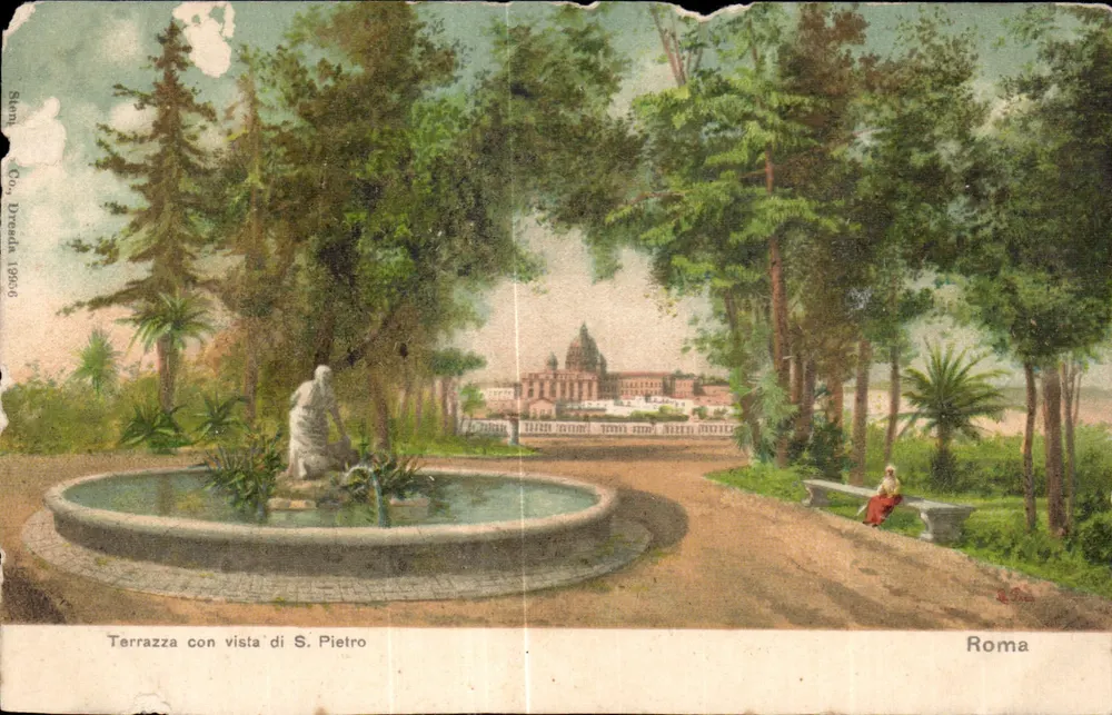 Terrazza con vista di S. Pietro — vue sur le Vatican — éditeur Semp. Co., Dresda 1906 - Frente