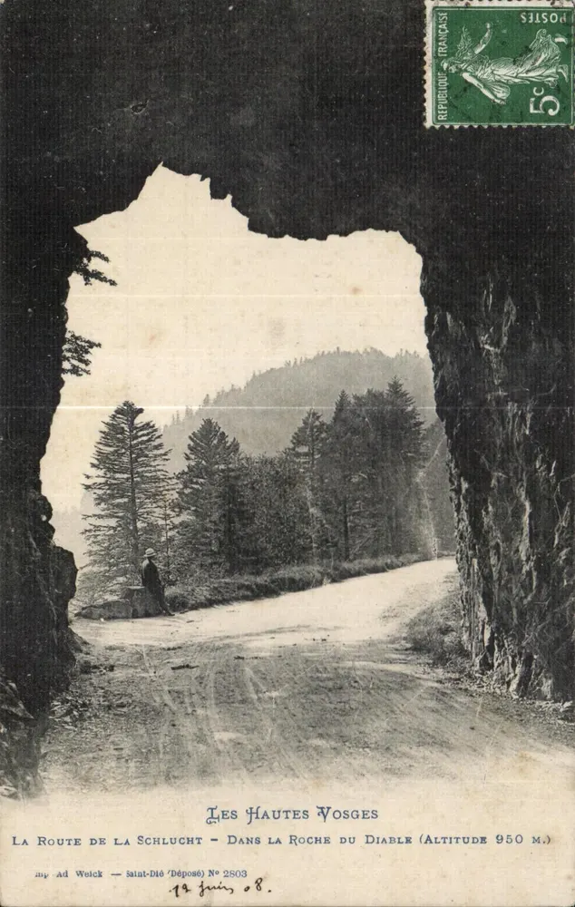 Die Hochvogesen — Die Schluchtstraße in der Felsen des Teufels (Höhe 950 m.) — mp Ad Weick — Saint-Dié (Deposé) Nr. 2803 - Vorderseite