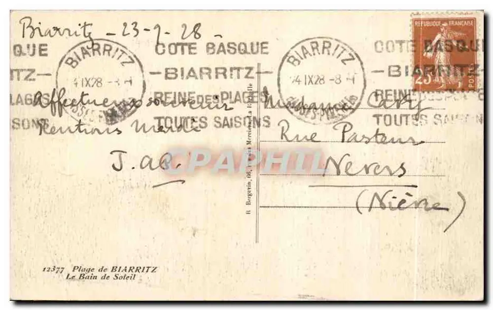 Praia de Biarritz — O Banho de Sol — R. Bergarin, n°12377 - Verso