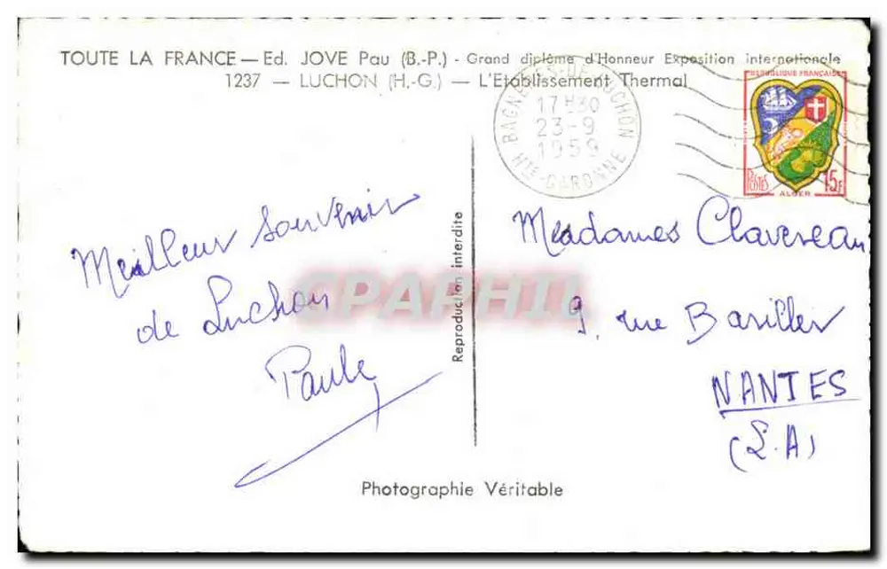 O Estabelecimento Termal de Luchon — Éd. JOVE Pau (B.P.) — n°1237 - Verso