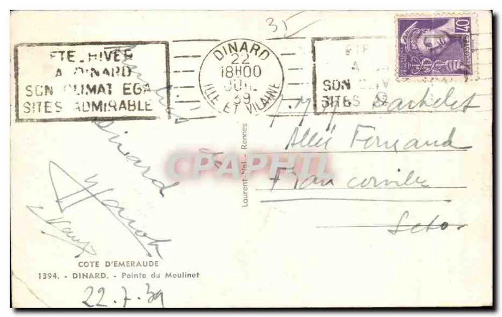 Dinard - Ponta do Moulinet — Costa de Émeraude — editor Laurent-Nel, n°1394 - Verso