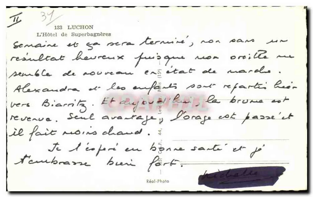 O Hotel de Superbagnères — Luchon — editor Réal-Photo, n° 133 - Verso