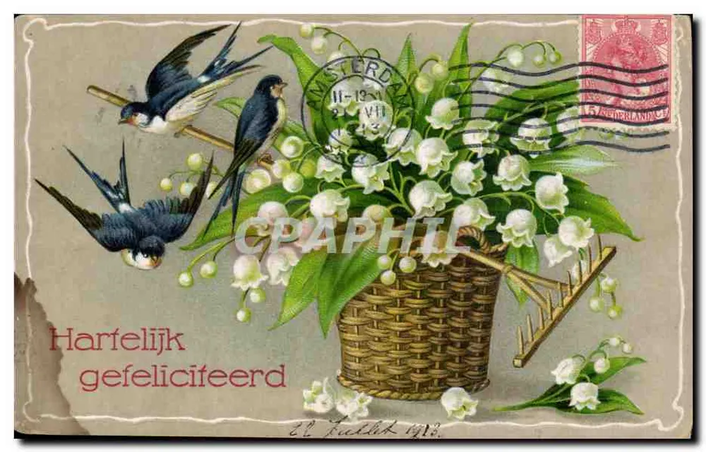 Vögel und Mäuseblume — Blumenstrauß in einem Korb — Verleger nicht sichtbar, Seriennummer nicht lesbar - Vorderseite