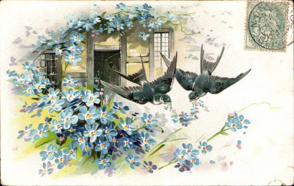 Oubliettes und Schwalben — Garten-Szene vor einem Haus — Verlag Cartillon, n° 147 - Vorderseite