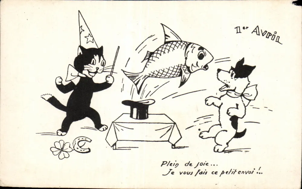 Chat et chien en costume de magicien — scène de magie avec poisson sortant d'un chapeau — éditeur non visible - Vorderseite