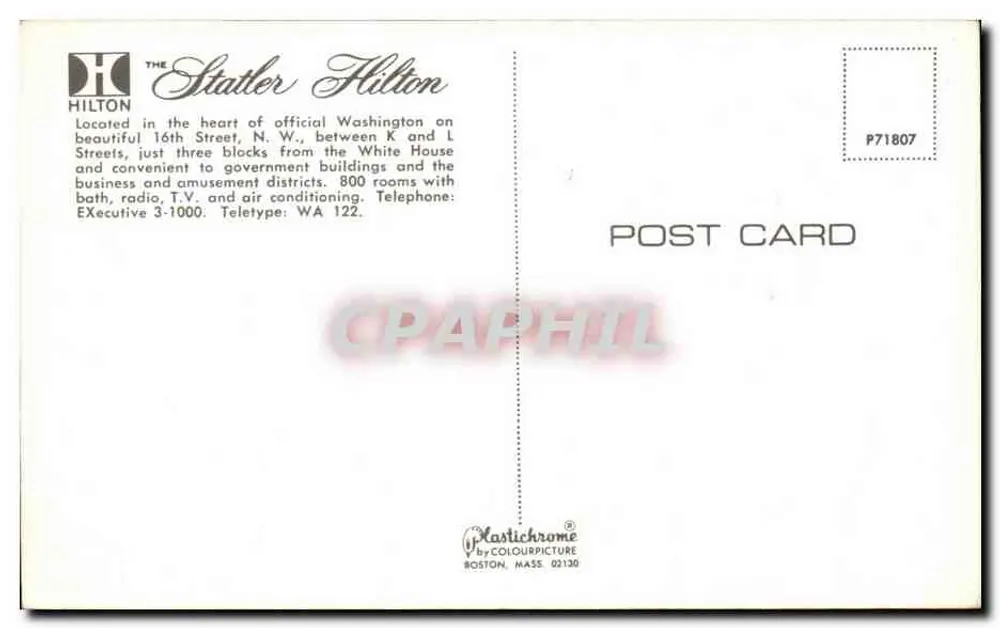 Hotel Statler Hilton — Washington D.C. — Plastichrome by Colourpicture - Verso