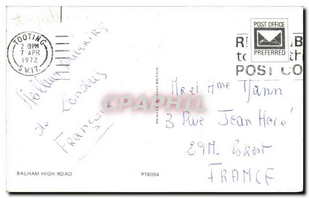 Vista da rua em Tooting — Midland Bank e lojas — editor Printed in Great Britain, n° PT8094 - Verso