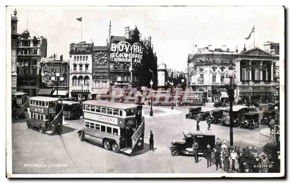 Piccadilly, Londen — uitzicht van het plein met bussen met twee verdiepingen en reclames — Valentine's Postcards, n° R 216758 CO - Voorkant