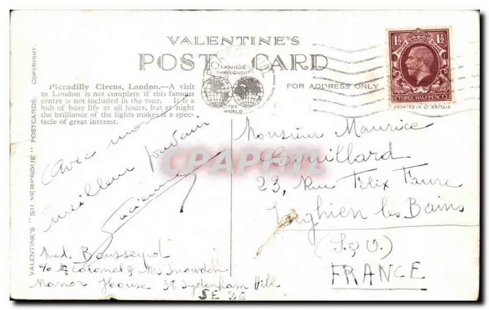 Piccadilly, Londen — uitzicht van het plein met bussen met twee verdiepingen en reclames — Valentine's Postcards, n° R 216758 CO - Achterkant