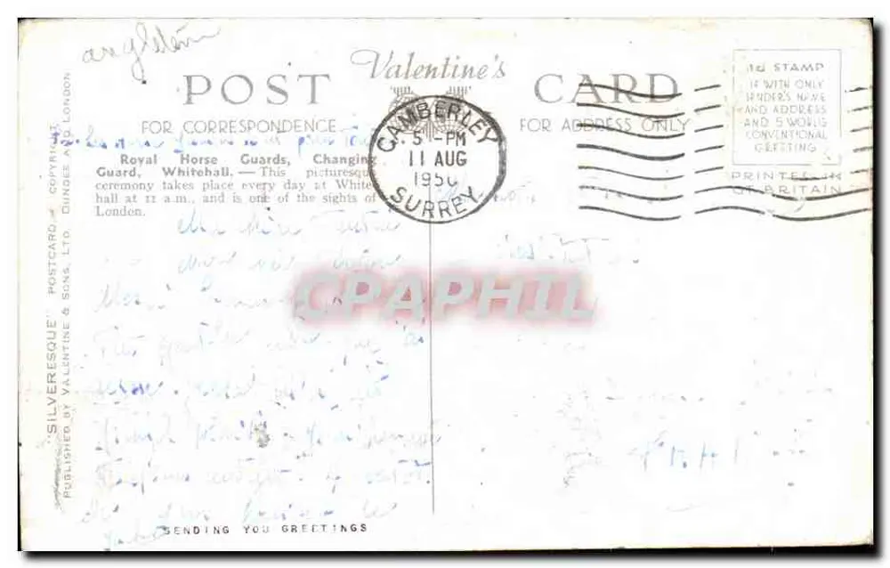 Guarda Real de Cavalaria, Troca de Guarda, Whitehall, Londres — Silveresque, n° 72306 - Verso