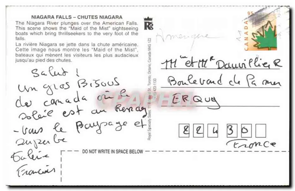 Niagara Falls – Cachoeira Niagara — Royal Canin Specialty Sales, n° 111111 - Verso