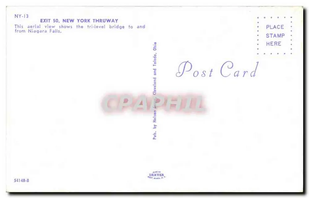 Saída 50, New York Thruway — ponte tri-nível para e da Niagara Falls — Pub. by Nelson, Cleveland and Toledo, Ohio - Verso