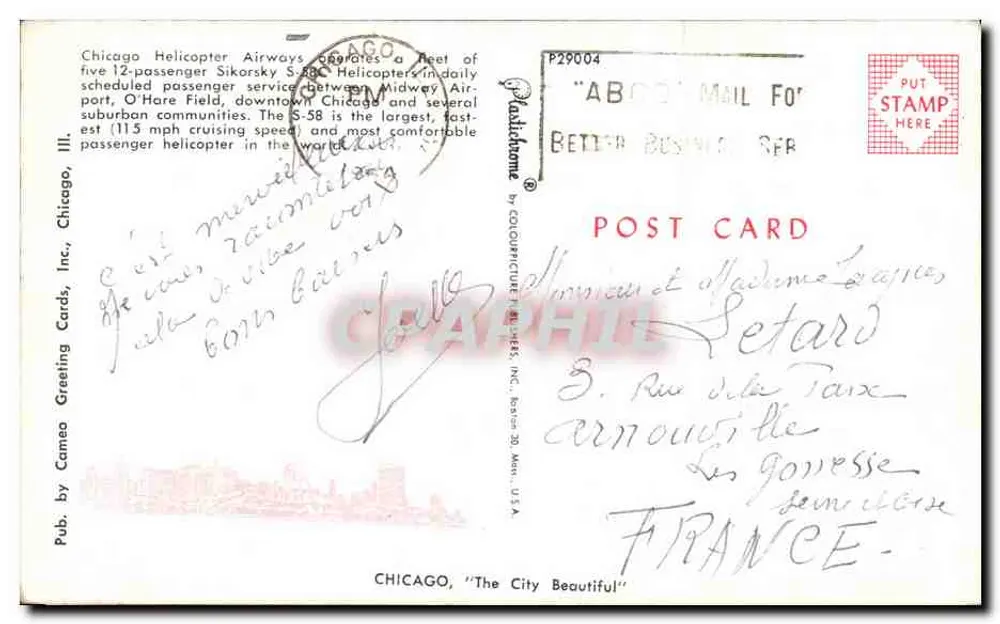 Chicago — Helicóptero da Chicago Helicopter Airways — editor Cameo Greeting Cards, Inc. - Verso