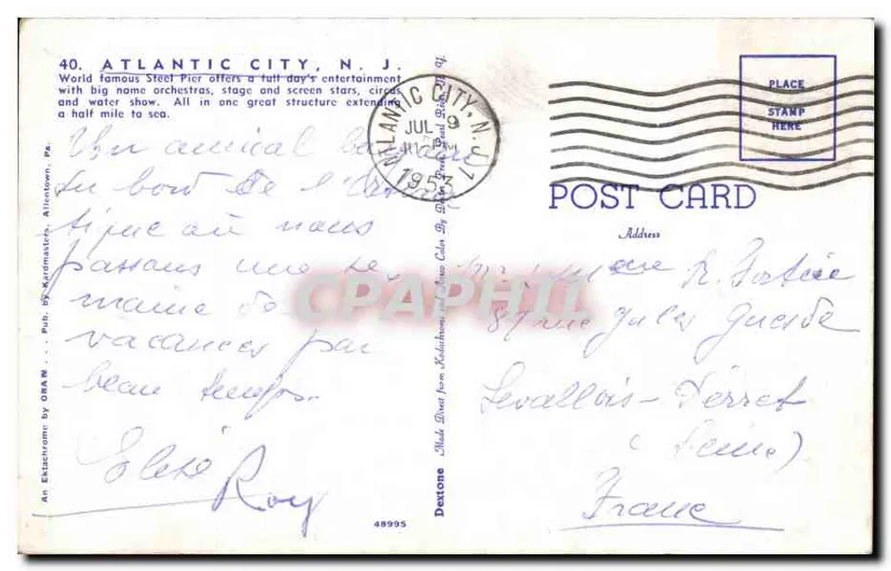 Atlantic City — Steel Pier — editor ORAAN, n° 48995 - Verso