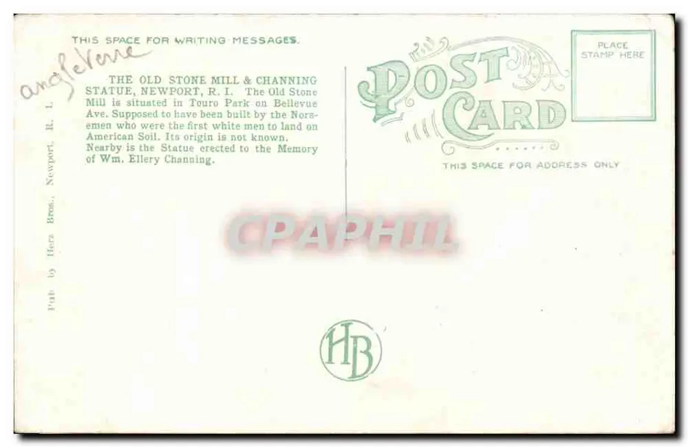 L'ancien moulin en pierre & statue de Channing — Newport, R.I. — Herz Bros. - Verso