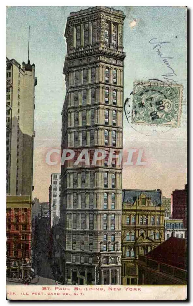 Edifício St. Paul, Nova York — vista do edifício emblemático — editor ILL POST. CARD CO., N.Y. - Frente