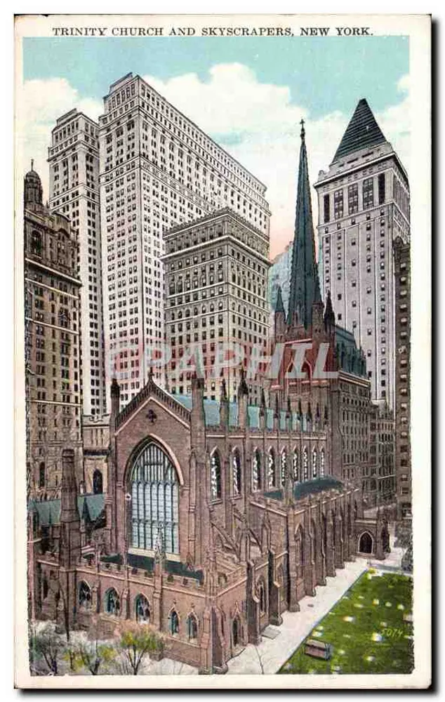 Trinity Church und Hochhäuser, New York — Verlag: Manhattan Post Card Co. - Vorderseite