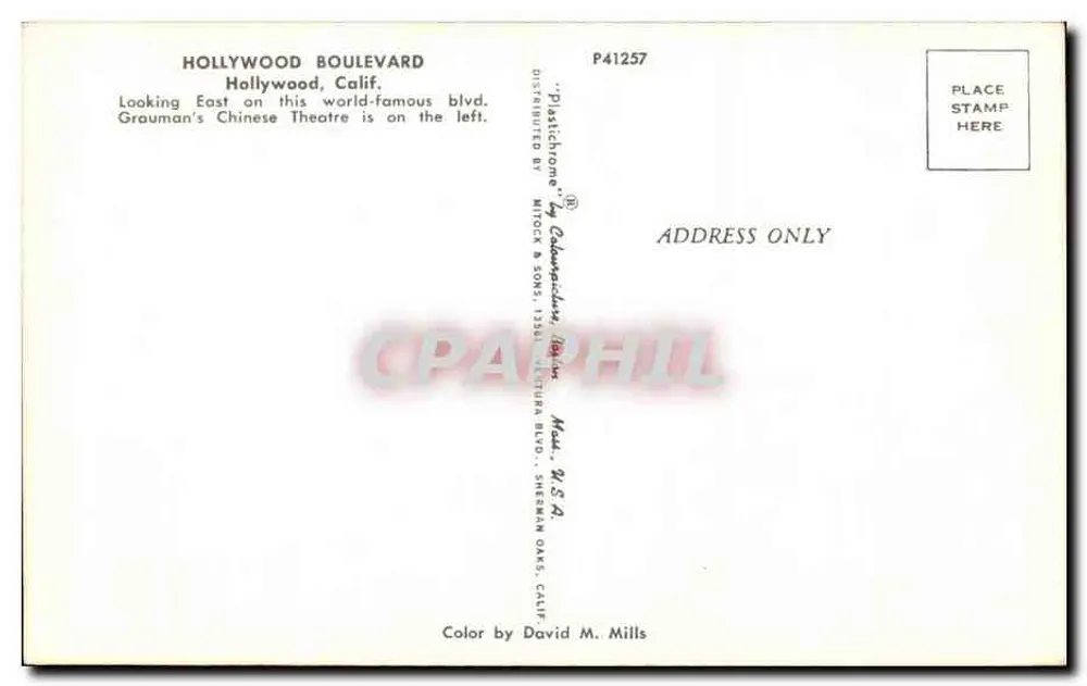 Hollywood Boulevard — vista para o Leste — editor M. Tock & Sons, série P41257 - Verso