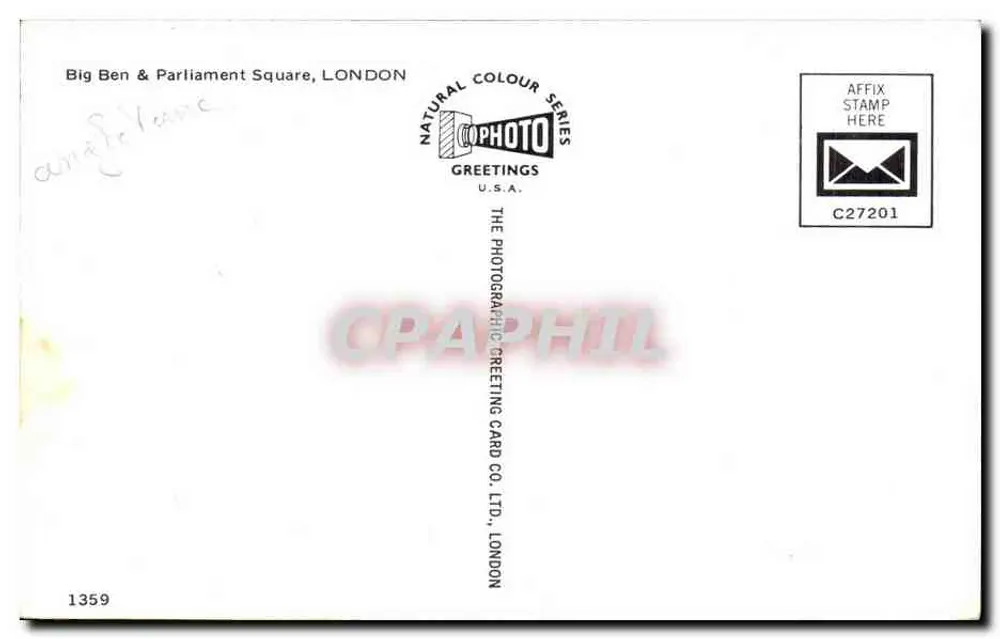 Big Ben & Parliament Square, LONDON — Natural Colour Series — Cophoto Greetings U.S.A. n° C27201 - Rückseite