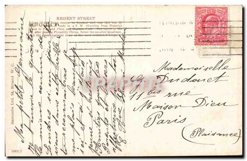 Regent Street, Londres — vista animada com carruagens — editor Samuels Ltd, n° 1001/7 - Verso