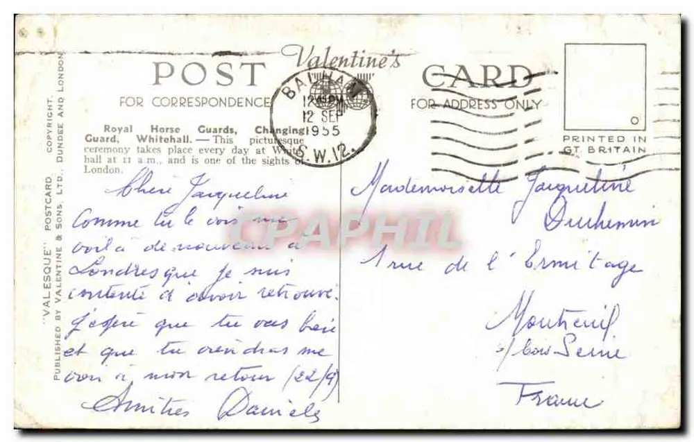 Die Wacheübergabe, Whitehall, London — Valentine's Postcard, n°7234 - Rückseite