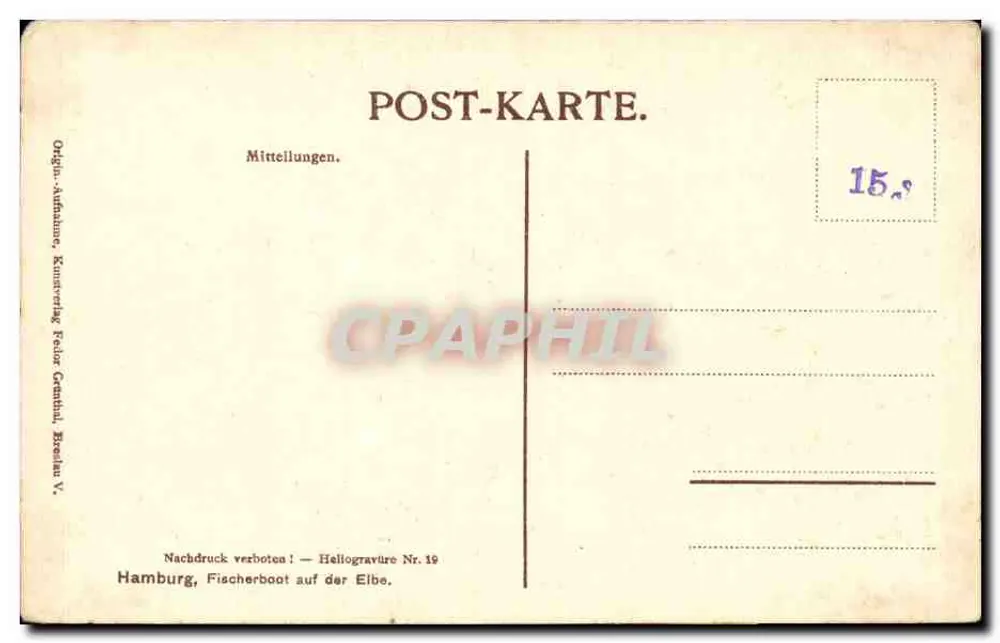 Fischerboot auf der Elbe — Hamburg — Heliotgraviure Nr. 19, Kunsterverlag Folor Genthin - Rückseite