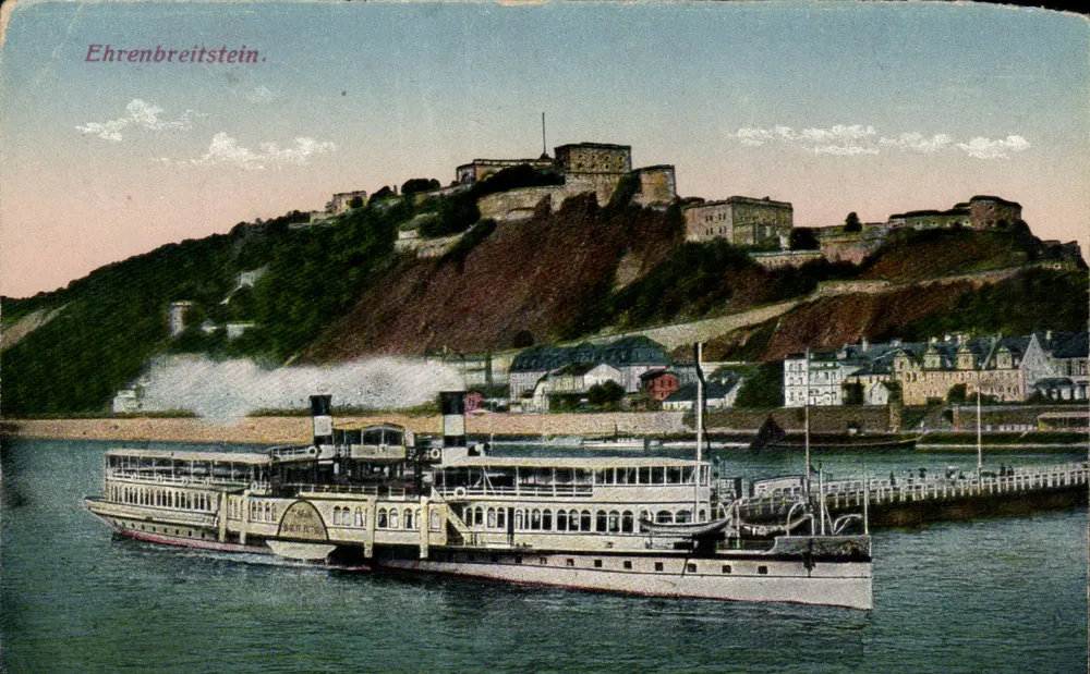Ehrenbreitstein — castelo na colina e navio a vapor — editor não identificado, n° de série 28942 - Frente
