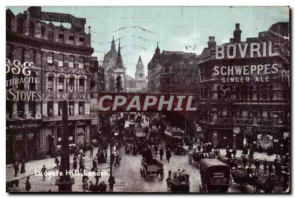 Ludgate Hill, Londres — vista animada com placas de Bovril e Schweppes — editor desconhecido - Frente