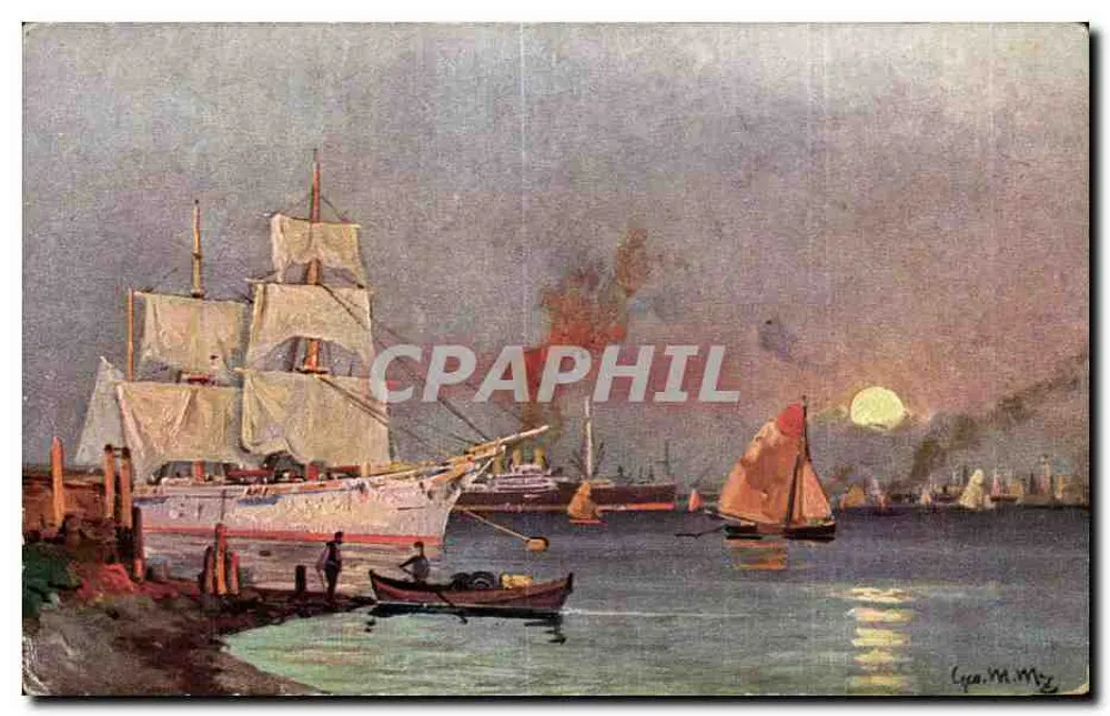 Porto noturno — navios e barcos a vela — Geo. M. Myz - Frente