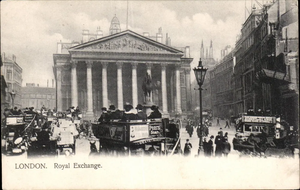 LONDRES. Royal Exchange — vista da praça com veículos e propaganda — editor Deyring-Honest, Londres - Frente