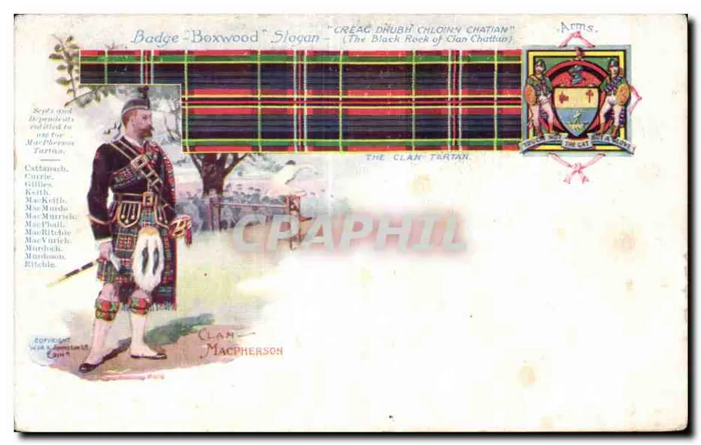 Clan MacPherson — Slogan 'Créag Dhubh Chloin Chattian' — wydawca W.J.A. & James Ltd, Edynburg - Awers