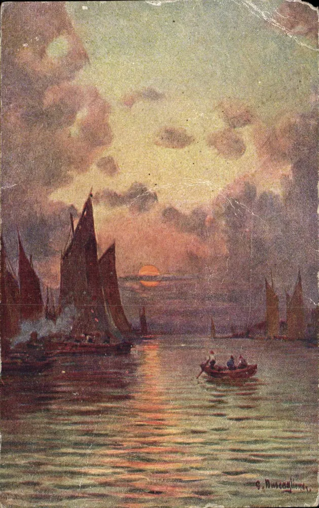 Coucher de soleil sur un port — bateaux à voile et barque — dessin de G. Russendioner, éditeur Milano, Rev. Uff. 1880, N° 2068 - Vorderseite