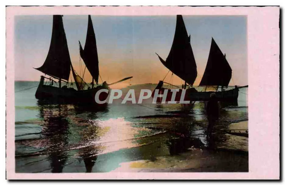 Barcos a vela — pôr do sol — Reprodução Francesa 1207 - Frente
