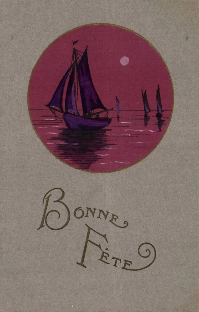 Barco no mar — cena noturna com lua — carta de boas-vindas - Frente